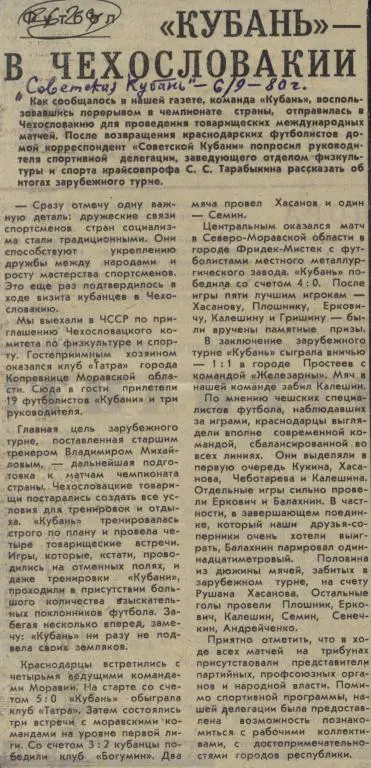 Кубань Краснодар - в Чехословакии. К итогам зарубежного турне. 1980 (2624)