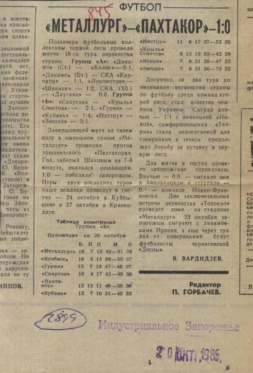 Металлург Запорожье - Пахтакор Ташкент. Обзор матчей первой лиги. 1985 (2899)