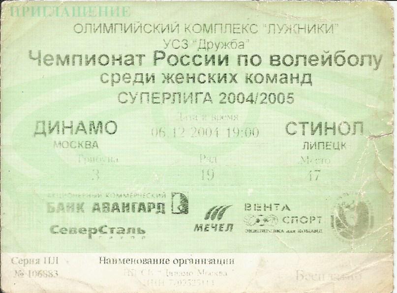 билетДинамо Москва - Стинол Липецк 2004 06. 12. (женщины)