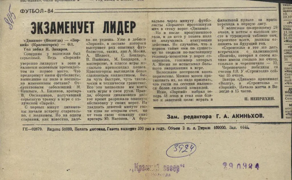 Экзаменует лидер..Динамо Вологда - Зоркий Красногорск 1984 (3924)