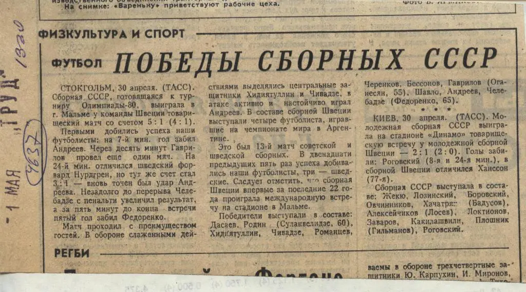 Победы _сборных _СССР. Олимп. и молод. сб. - у сб. Швеции.1980 (4637)