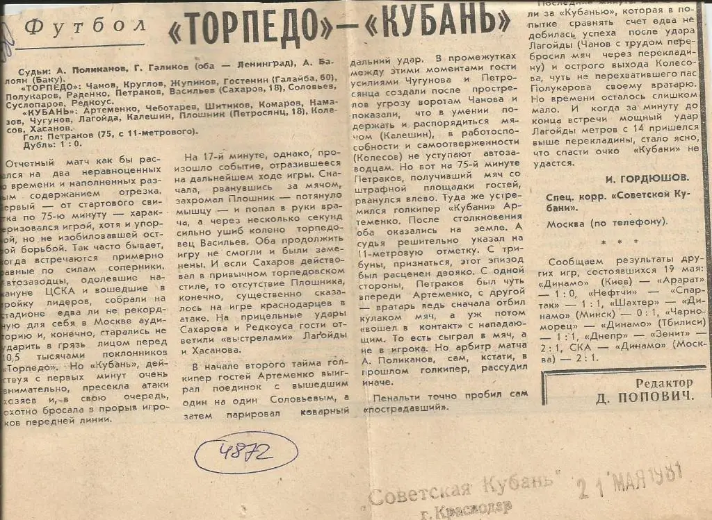 Торпедо Москва -Кубань Краснодар. 1981 (4872)