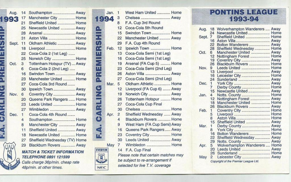 буклет - EVERTON fixtures_ season 1993-94(England) 1