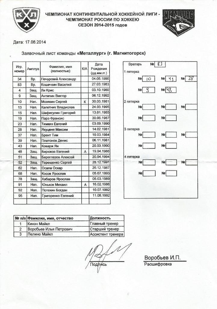 line-ups_заявочный список ХК _Металлург Магнитогорск 17.08. 2014