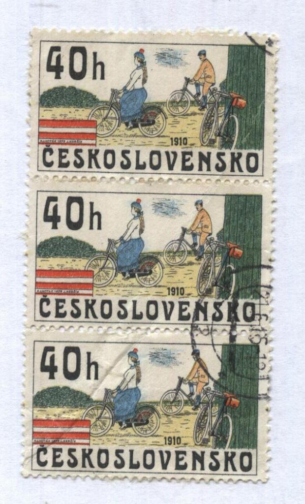 марка . почта Ceskoslovensko_ (велосипедисты)_1910_гашеная , (лот из 3х марок)