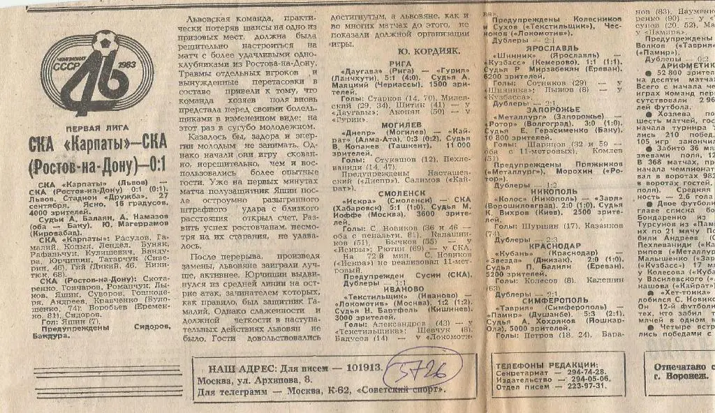 Отчет. СКА Карпаты - СКА Ростов-на-Дону + обзор игр первой лиги. 1983 (5726)