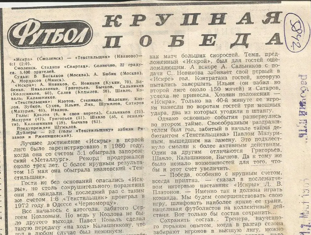 Отчет. Искра Смоленск - Текстильщик Иваново. 1983 (5842)