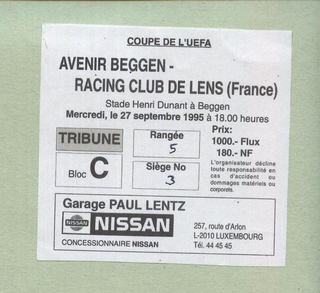 Avenir Beggen - Racing club de Lens _27.09._1995_ UEFA_ (билет).