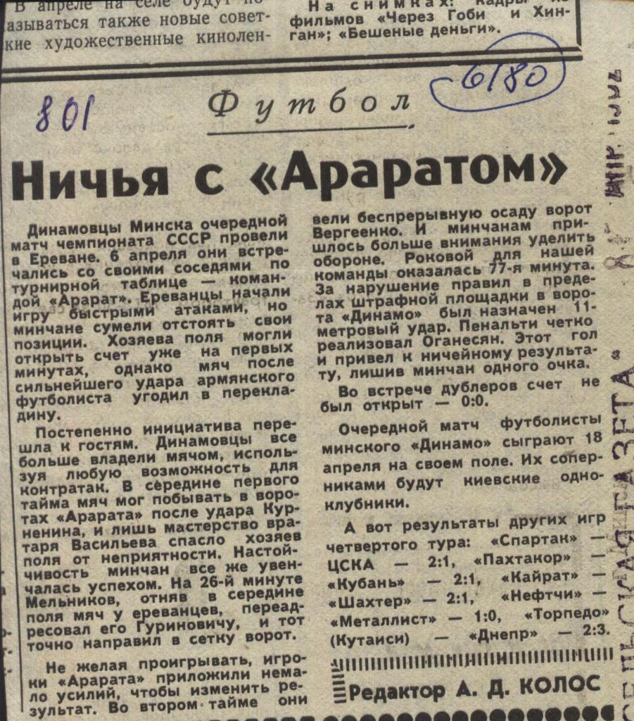 Отчет. Арарат Ереван - Динамо Минск. 1982 (6180) ,,