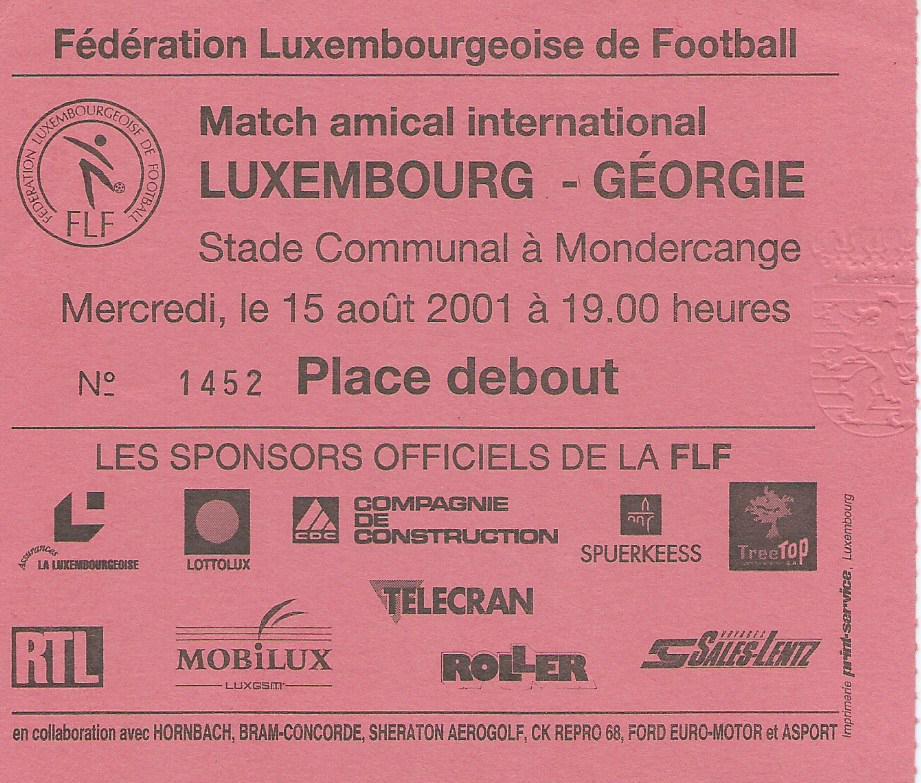 билет Люксембург- Грузия 2001 товарищеский = Luxembourg- Georgie match ticket