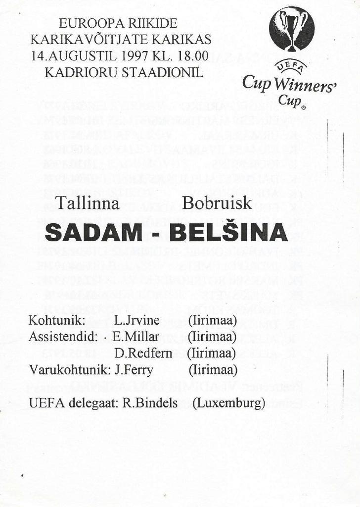 Sadam Tallin, Eesti v Belsina Bobruis 14.08. 1997 ECWC