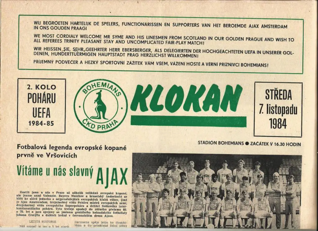 Bohemians Prague, CSSR v Ajax Amsterdam, Holland_07.11. 1984_UEFA