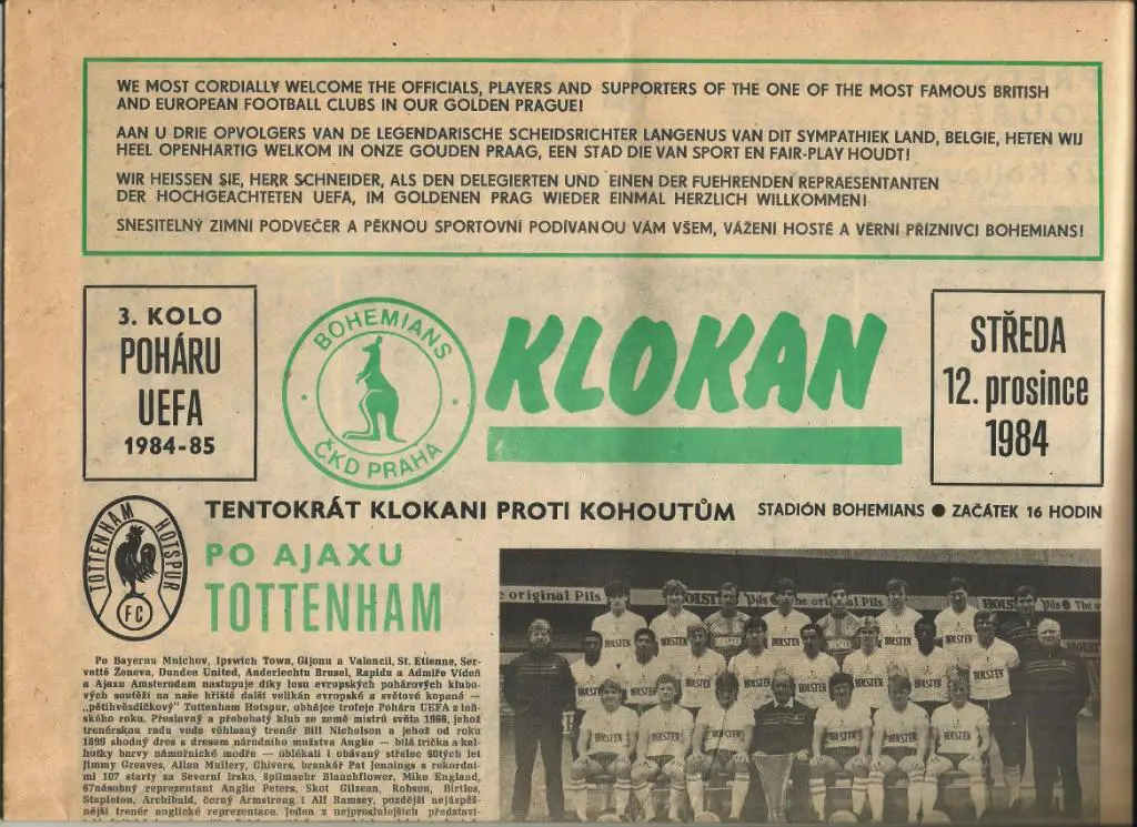 Bohemians Prague, CSSR v Tottenham Hotspur Endland_12.12. 1984_UEFA cup