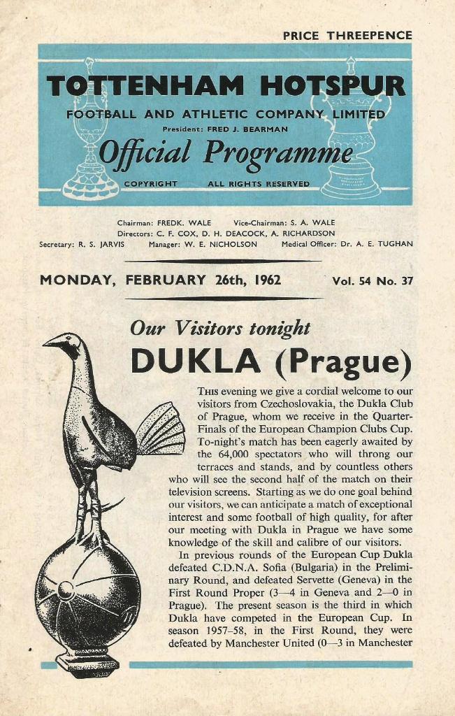 Tottenham Hotspur England v Dukla Prague, CSSR _26.02.1962_Europ. cup