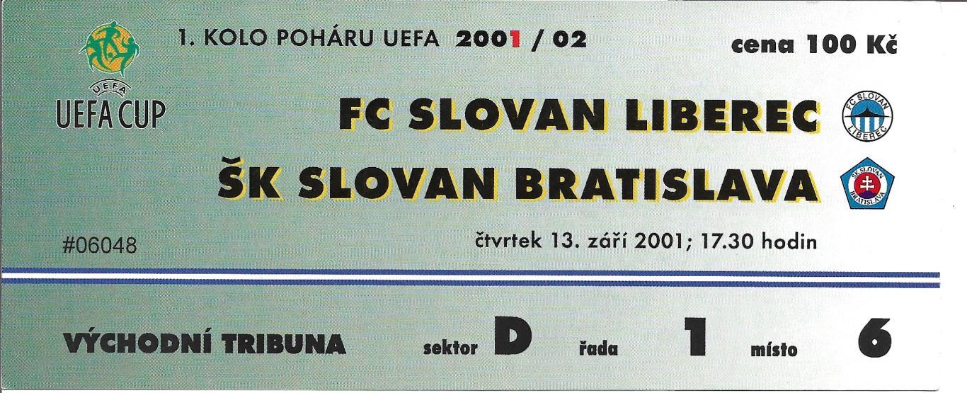 билет. Slovan_Liberec, Chech v _Slovan_Bratislava_Slovakia _2001_UEFA_