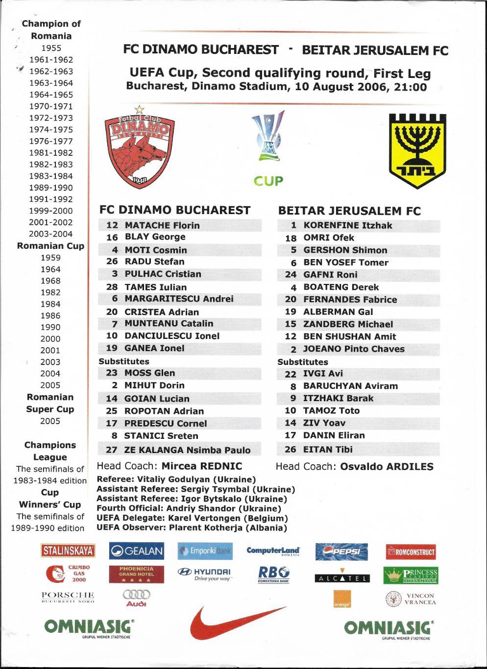 FC Dinamo_ Bucharest v Beitar_Jerusalem 10.08. 2006_UEFA_cup - старт._протокол