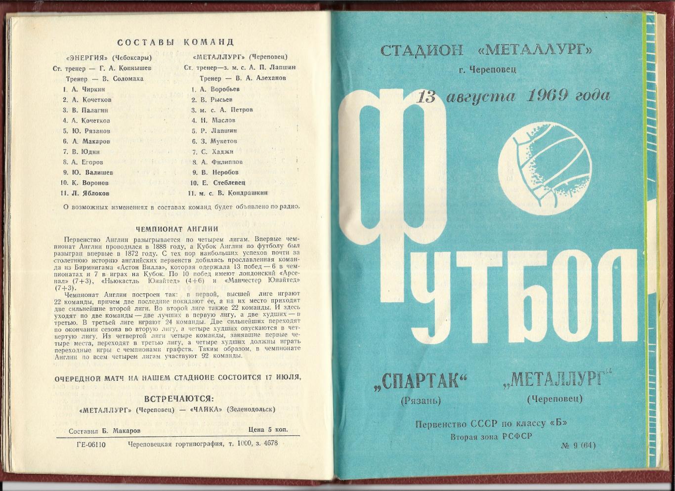 Металлург _Череповец - Спартак Рязань_13.08.1969_на_обложке _годовой комплект 1