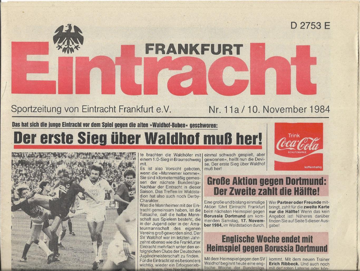 programme_EINTRACHT_Frankfur t_v_ WALDHOF_10.XI.1984_Bundeslig a