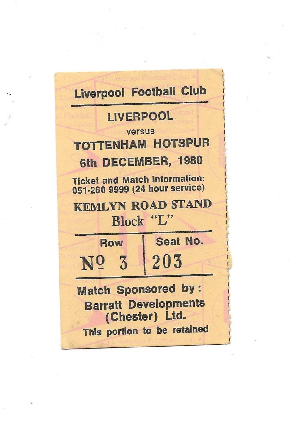билет. Liverpool v Tottenham Hotspur 06.12. 1980