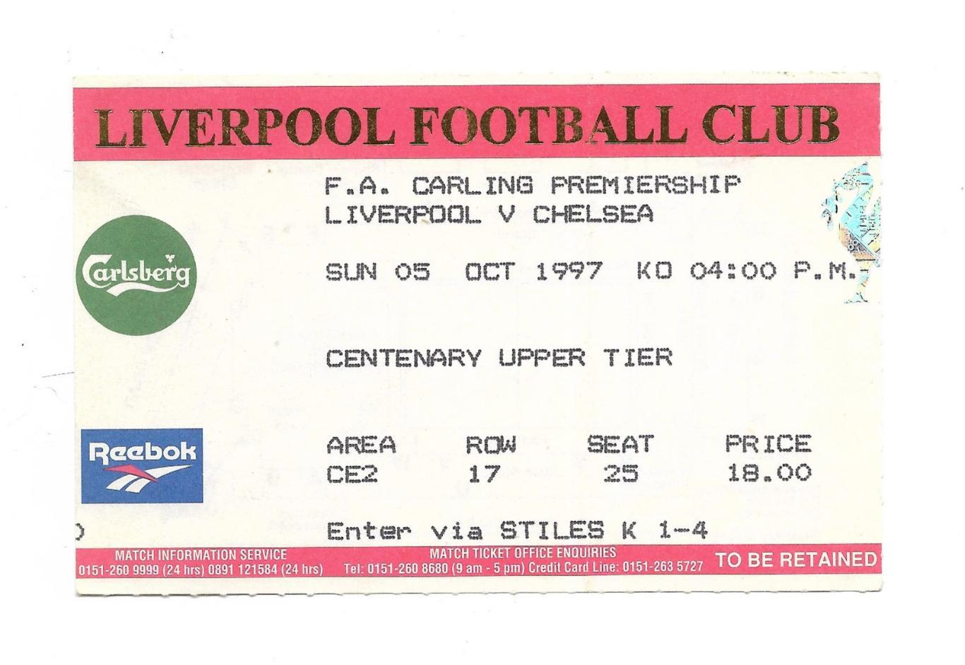 билет. Liverpool v Chelsea_ 05.10. 1997 carling premiership