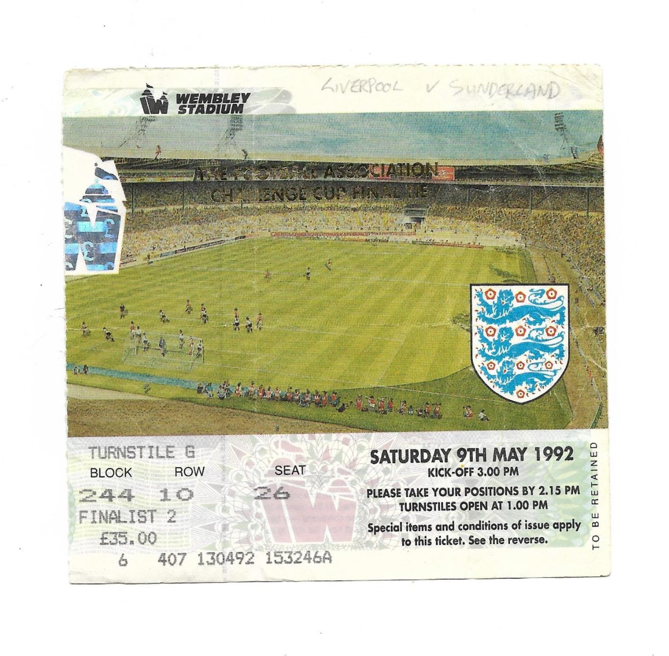 билет. liverpool v Sundarland 09.05. 1992 the FA challenge cup final tie
