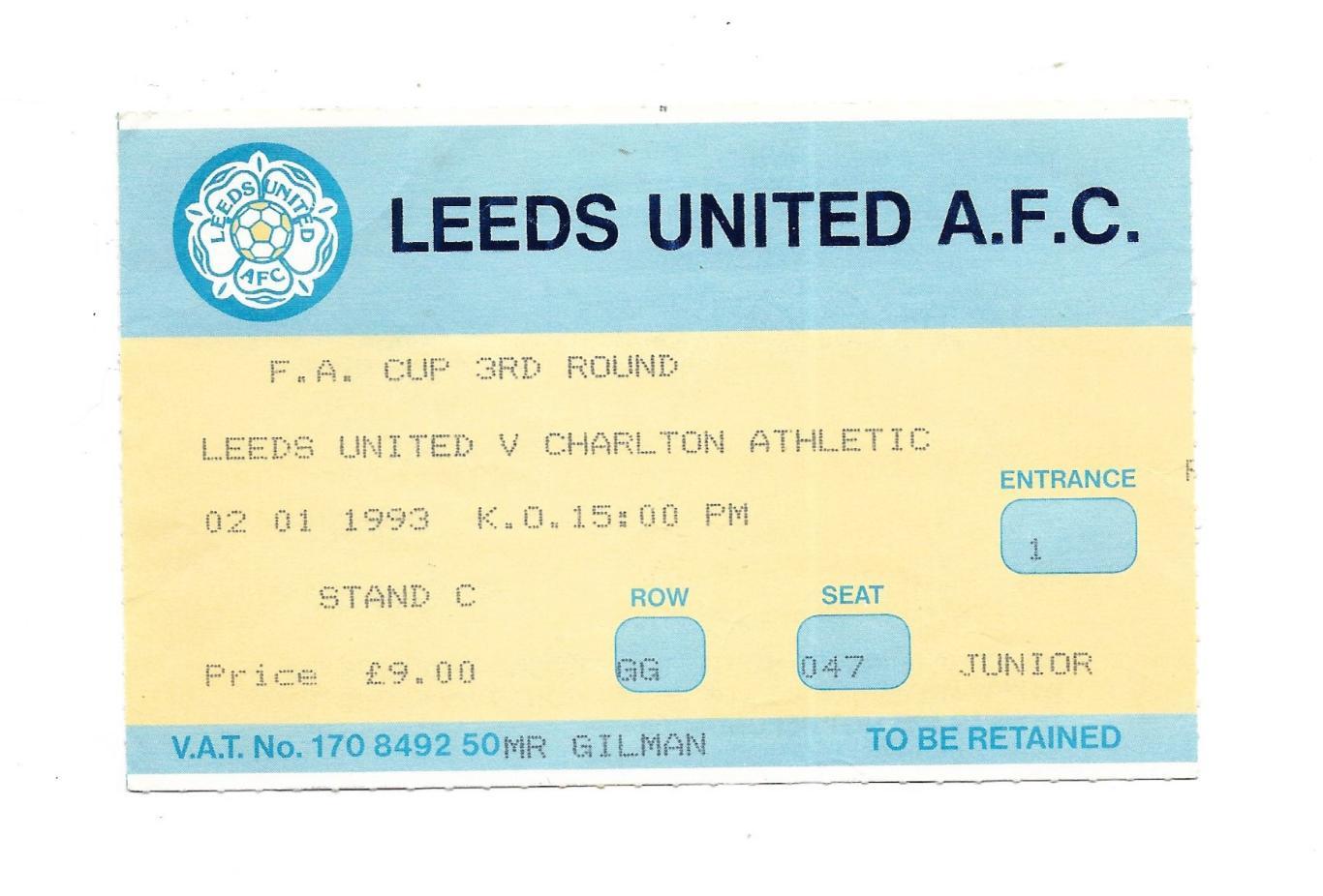 билет. LEEDS_UNITED v CHARLTON_ATHLETIC_02.01. 1993_FA_Cup