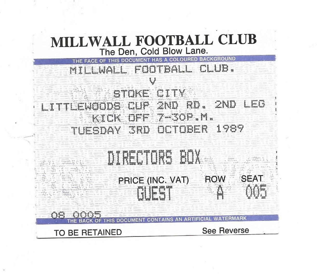 билет. MILLWALL v STOKE_CITY_03.10. 1989_