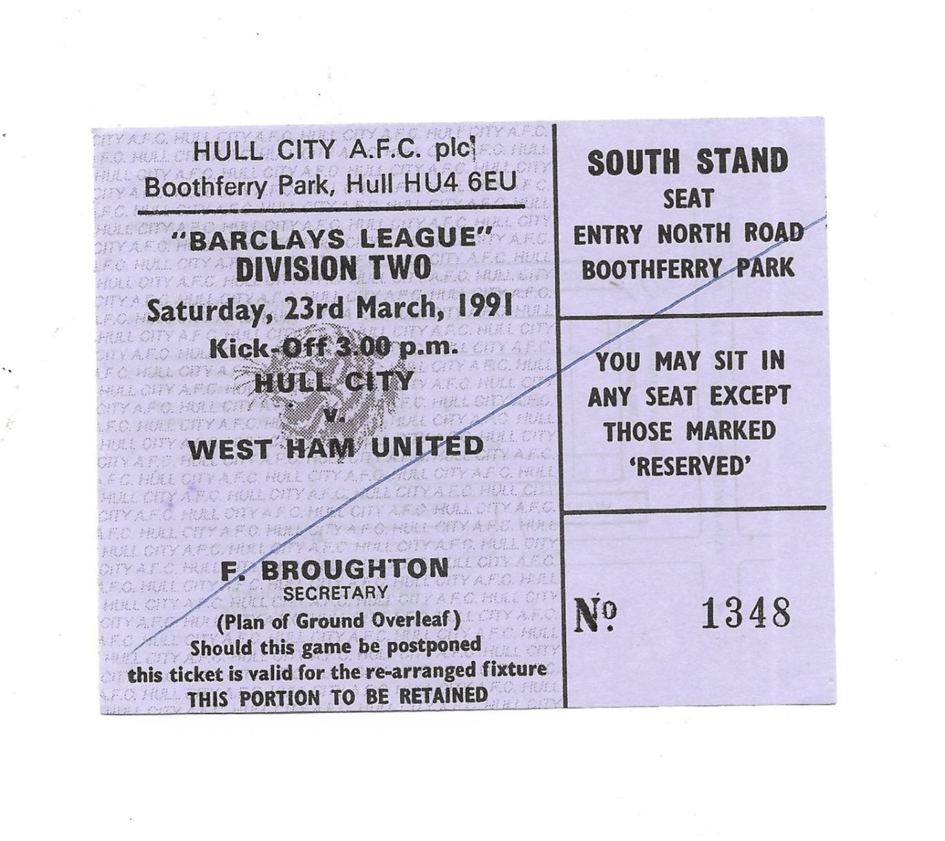 билет. HULL_CITY v WEST_HAM_UNITED_23.03. 1991