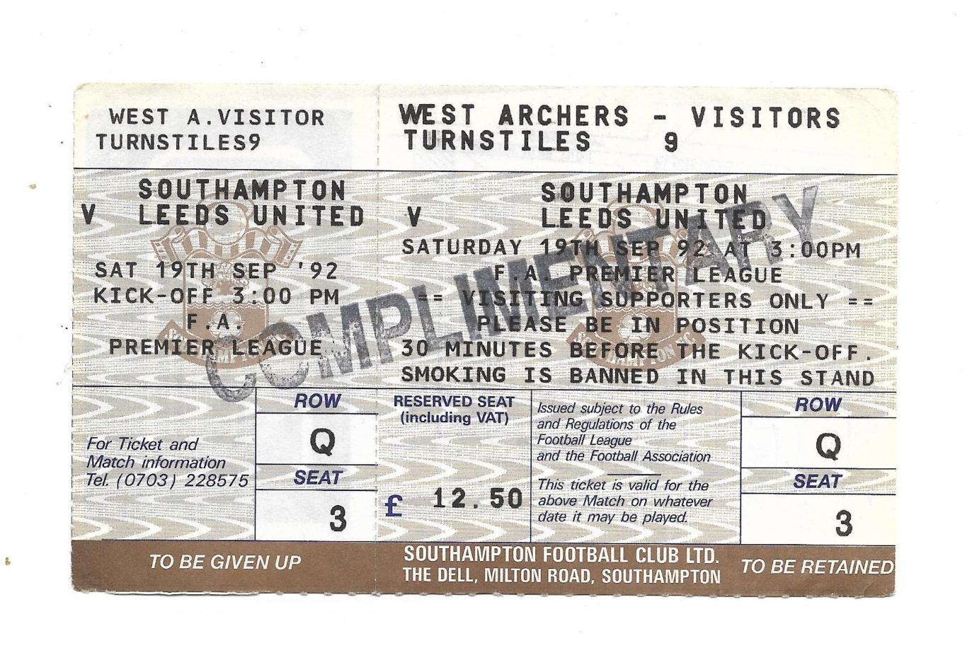 билет. SOUTHAMPTON v LEEDS_UNITED_19.09. 1992