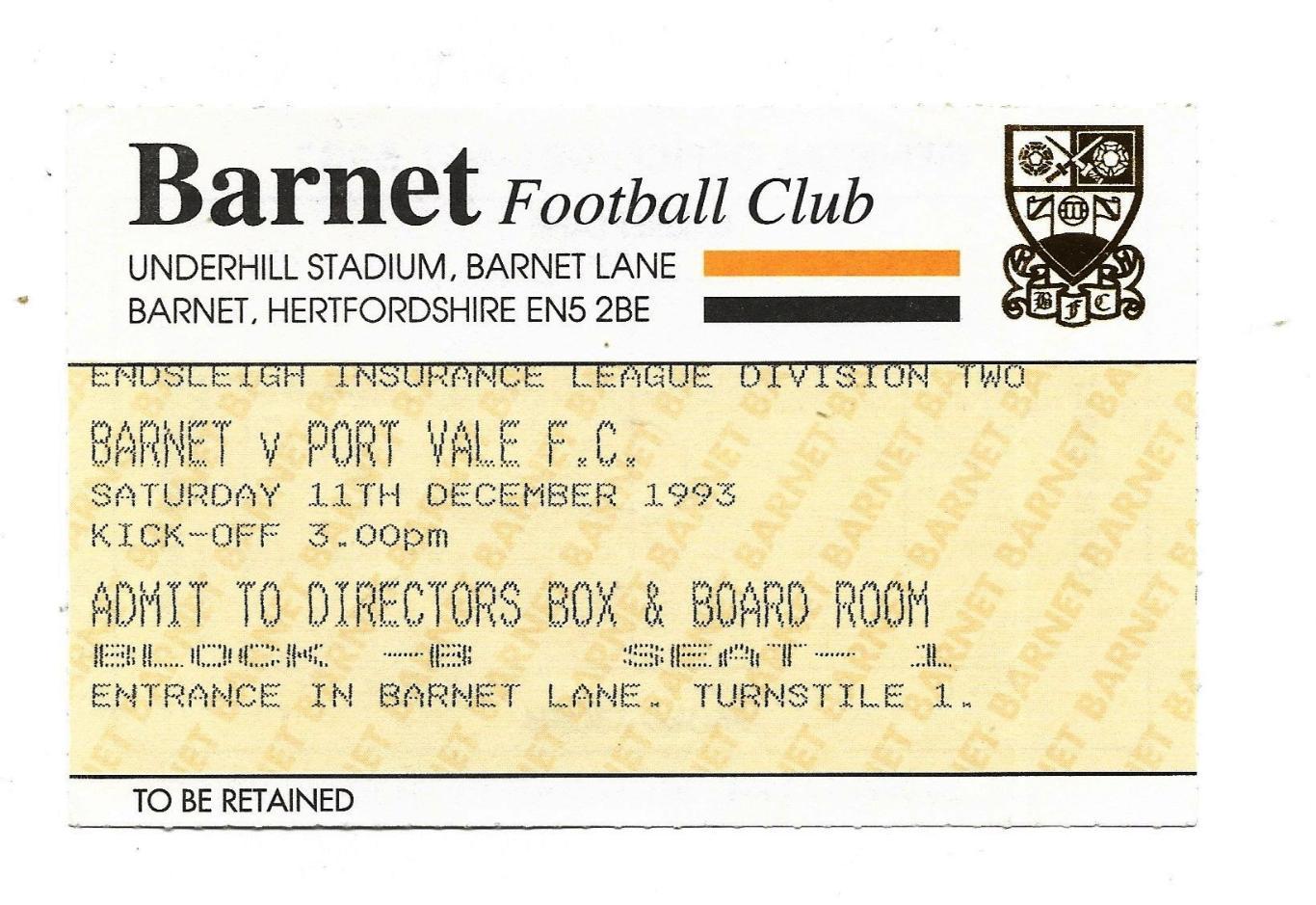 билет. BARNET v PORT_VALE_11.12. 1992