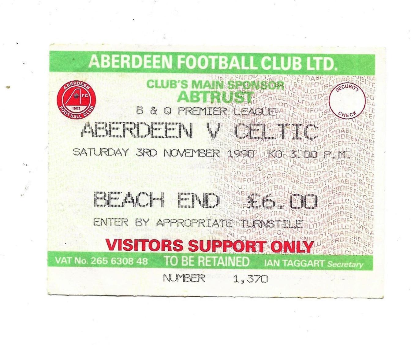 билет. ABERDEEN v CELTIC_03.11. 1990