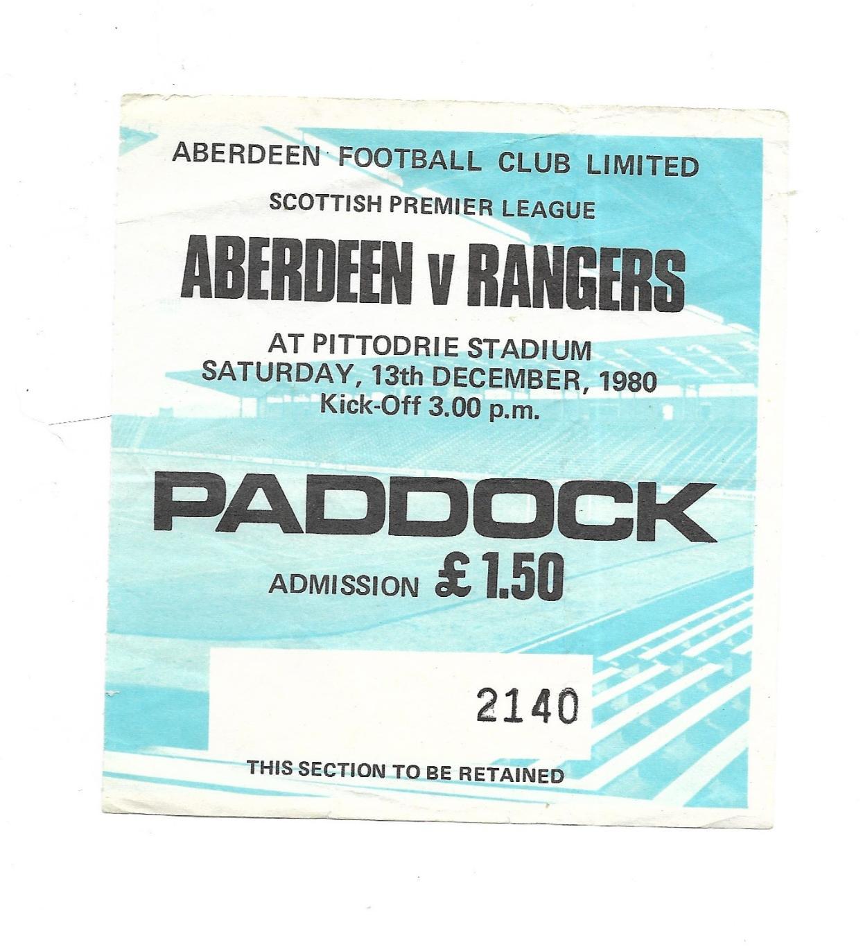 билет. ABERDEEN v RANGERS_13.12. 1980