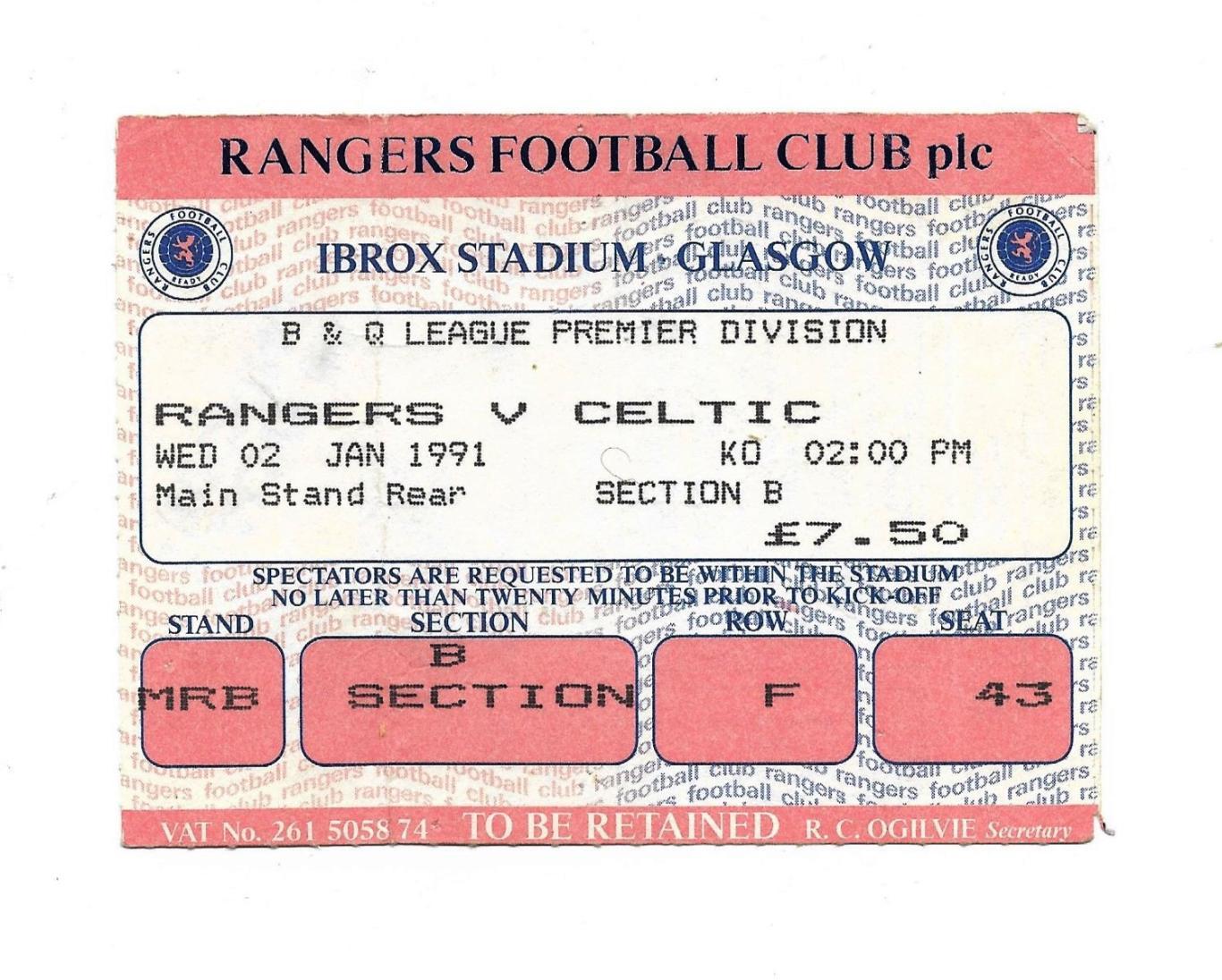 билет. RANGERS v CELTIC_02.01. 1991