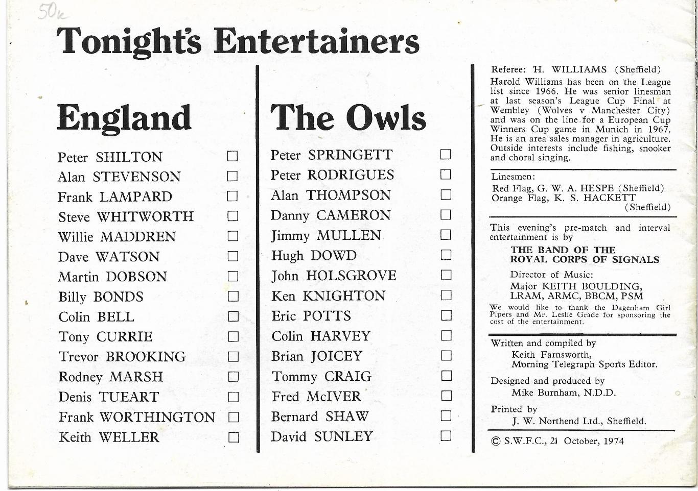 программа_Прощальный матч _Eric_Taylor_ 1974_England v The_Owls 1