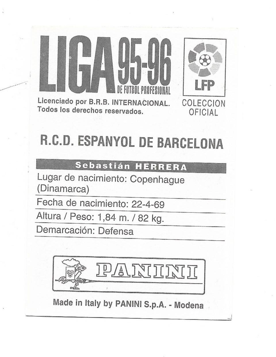 карточкa SEBASTIAN HERRERA Espanyol de Barcelona LIGA 95 96