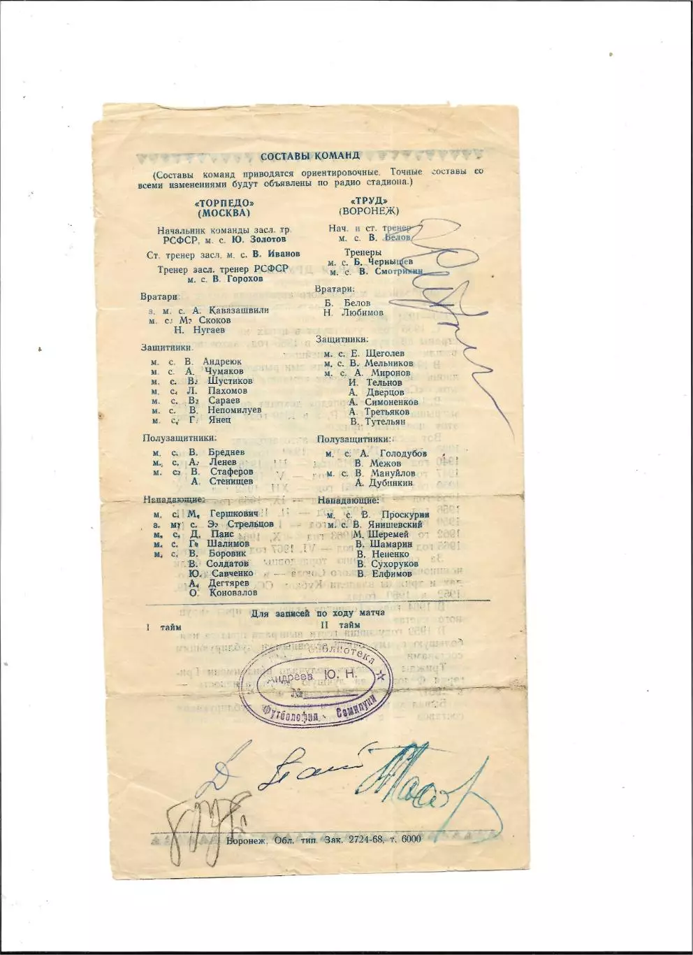 программа. ТРУД_Воронеж - ТОРПЕДО _Москва_1968 _тм. _Автограф_Э _Стрельцова 1