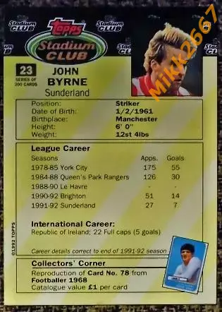 John Byrne. Коллекция TOPPS Stadium Club Английская Премьер-Лига 92-93 1
