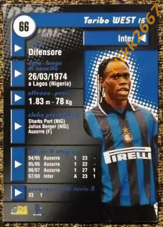 Taribo WEST. Коллекция DS Pianeta Calcio 1998-1999 1