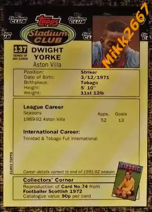 Dwight YORKE. Коллекция TOPPS Stadium Club Английская Премьер-Лига 92-93 1