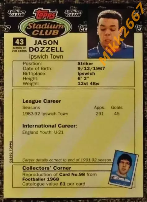 Jason DOZZELL. Коллекция TOPPS Stadium Club Английская Премьер-Лига 92-93 1