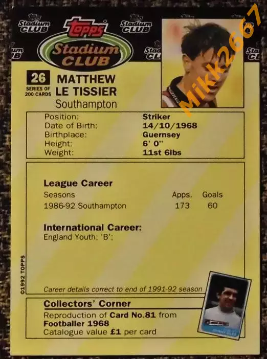 Matthew LE TISSIER. Коллекция TOPPS Stadium Club Английская Премьер-Лига 92-93 1