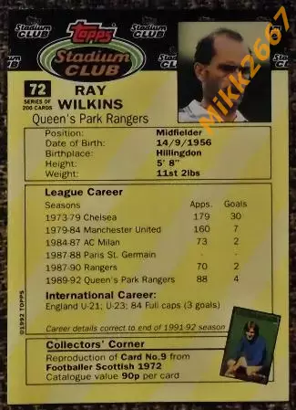 Ray WILKINS. Коллекция TOPPS Stadium Club Английская Премьер-Лига 92-93 1