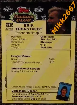 Eric THORSTVEDT. Коллекция TOPPS Stadium Club Английская Премьер-Лига 92-93 1