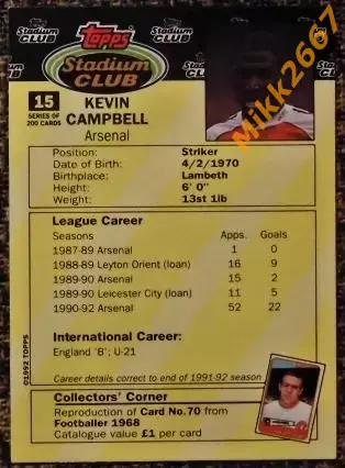 Kevin CAMPBELL. Коллекция TOPPS Stadium Club Английская Премьер-Лига 92-93 1