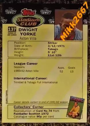 Dwight YORKE. Коллекция TOPPS Stadium Club Английская Премьер-Лига 92-93 1