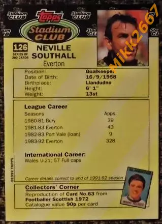 Neville SOUTHALL. Коллекция TOPPS Stadium Club Английская Премьер-Лига 92-93 1