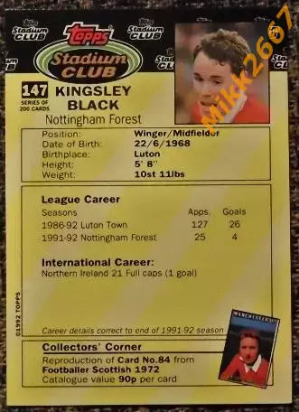 Kingsley BLACK. Коллекция TOPPS Stadium Club Английская Премьер-Лига 92-93 1