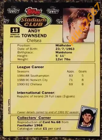 Andy TOWNSEND. Коллекция TOPPS Stadium Club Английская Премьер-Лига 92-93 1