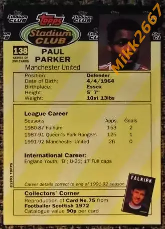 Paul PARKER. Коллекция TOPPS Stadium Club Английская Премьер-Лига 92-93 1