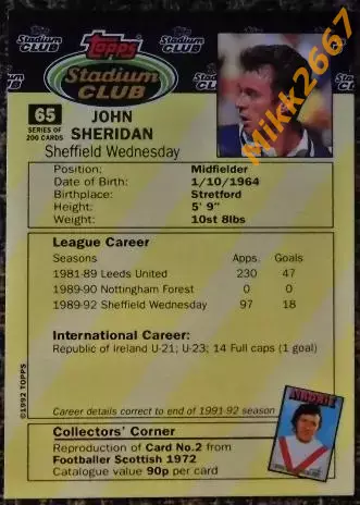 John SHERIDAN. Коллекция TOPPS Stadium Club Английская Премьер-Лига 92-93 1